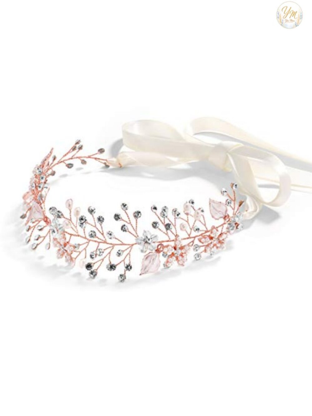 Mariell Freshwater Pearl Crystal Bridal Hair Vine Ribbon Headband